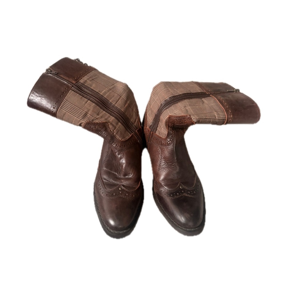 Fossil Brown Leather & Plaid Combat Boots